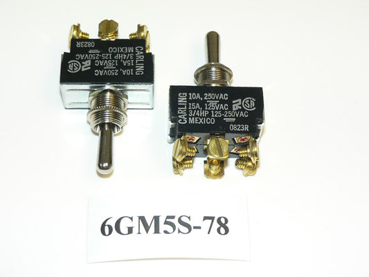 (ON)/OFF/(ON) Double Pole Momentary Chrome Toggle Switch. Carling Part # 6GM5S-78. 6 Screw Terminals.