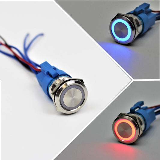 Stainless Steel Push-Button Switch (22mm) SPST Off/On (12V 15amp) with Wire Harness & Indicator Light (Blue or Red)