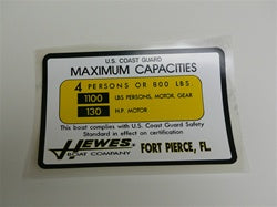 Capacity Plate for Hewes Boat 4 Persons/800lbs, 1100lbs total, 130HP