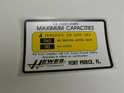 Capacity Plate for Hewes Boat 4 Persons/600lbs, 1145lbs total, 90HP