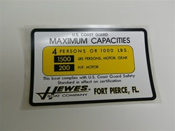 Capacity Plate for Hewes Boat 4 Persons/1000lbs, 1500lbs total, 200HP
