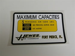Capacity Plate for Hewes Boat 5 Persons/1200lbs, 1500lbs total, 250HP