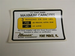 Capacity Plate for Maverick Boat 3 Persons/550lbs, 750lbs total, 40HP