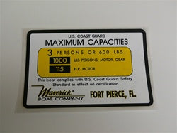 Capacity Plate for Maverick Boat 3 Persons/600lbs, 1000lbs total, 115HP