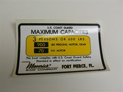 Capacity Plate for Maverick Boat 3 Persons/600lbs, 900lbs total, 70HP