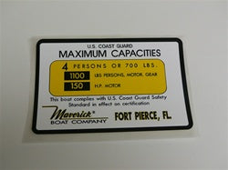 Capacity Plate for Maverick Boat 4 Persons/700lbs, 1100lbs total, 150HP