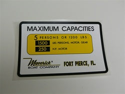 Capacity Plate for Maverick Boat 5 Persons/1200lbs, 1500lbs total, 250HP