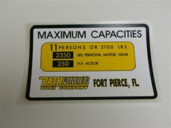 Capacity Plate for Pathfinder Boat 11 Persons/2100lbs, 2350lbs total, 250HP