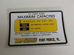 Capacity Plate for Pathfinder Boat 3 Persons/450lbs, 900lbs, 60HP
