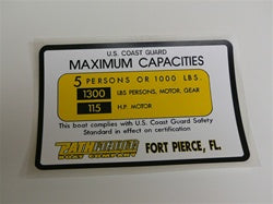 Capacity Plate for Pathfinder Boat 5 Persons/1000lbs, 1300lbs, 115HP