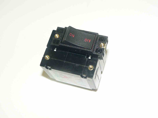 AD2 Series Carling double pole rocker style circuit breaker, red lettering, horizontal