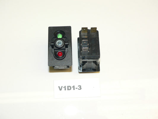 V1D1-3Carling ON/OFF single pole V-series rocker switch w/12V Red and Green lamps