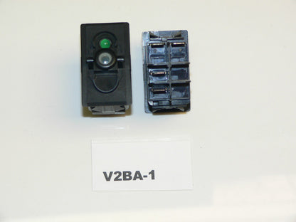 V2BA-1 Carling (ON)/OFF Momentary single pole rocker switch w/independent 24V Green LED lamp in position #2