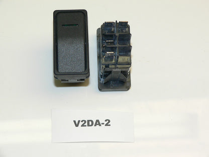 V2DA-2 Carling (ON)/OFF Momentary single pole rocker switch Raised bracket w/actuator independent green lamp