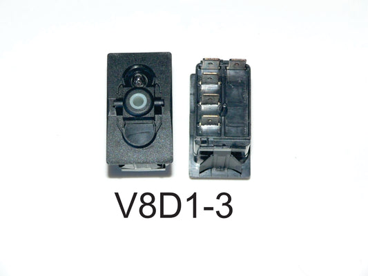 V8D1-3 Carling (ON)/OFF/(ON) momentary single pole rocker switch with independent clear Lamp in Position #1