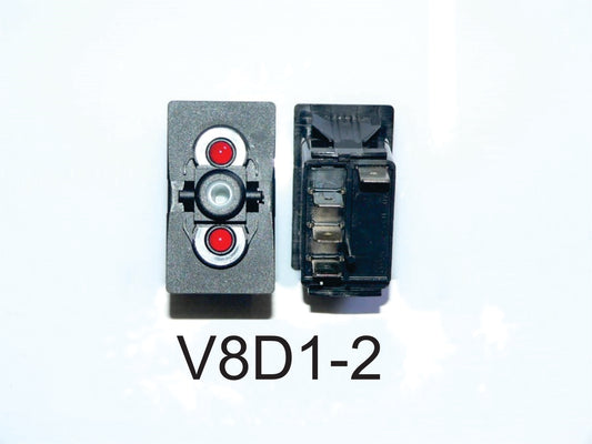 V8D1-2 Carling rocker switch  (On)/Off/(On) w/dep Red in 1 & 2  -7  3 & 1+