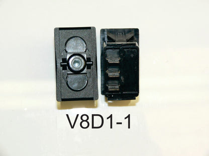 V8D1-1 Carling (ON)/OFF/(ON) Momentary Single Pole rocker switch with no lamps. Used for Emergency Start, Outdrive Trim, Dimmer, Windlass Control.