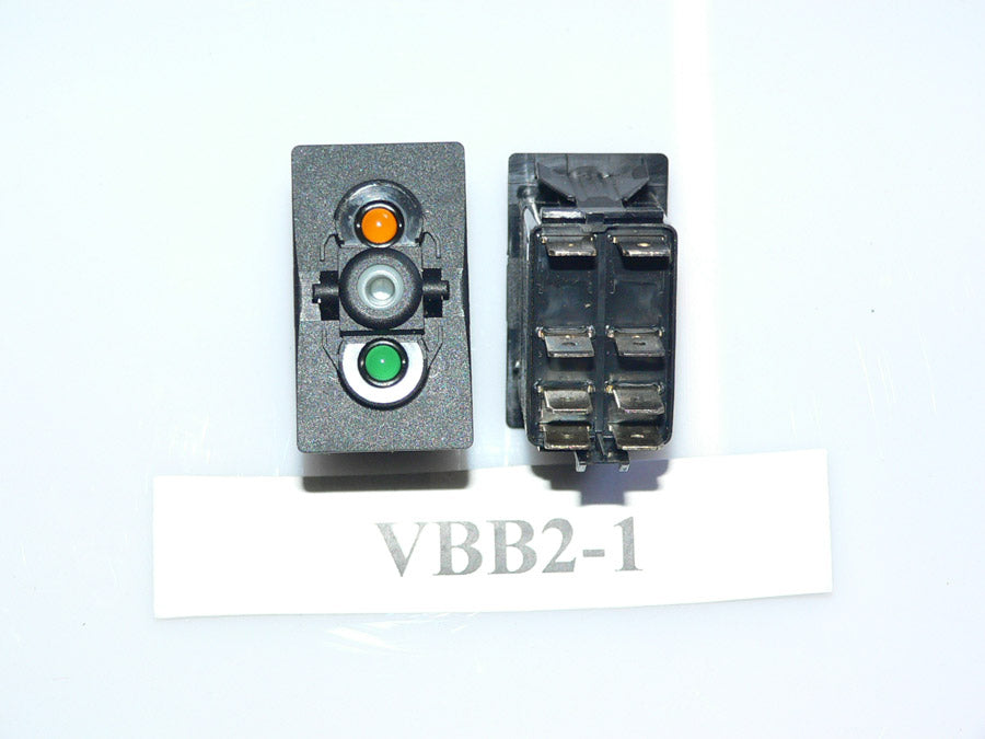 VBB2-1 Carling rocker switch (ON)/OFF momentary Double Pole Independent Amber lamp in 1, Independent Green lamp in 2