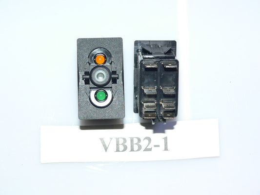 VBB2-1 Carling rocker switch (ON)/OFF momentary Double Pole Independent Amber lamp in #1, Independent Green lamp in #2