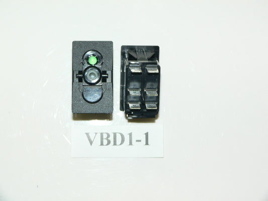 VBD1-1 Carling (ON)/OFF Momentary double pole rocker switch w/independent Green 12V lamp