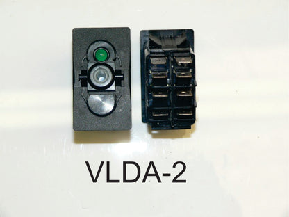 VLDA-2 Carling (ON)/OFF/(ON) double pole momentary rocker switch, independent Green LED Lamp in #1 Position