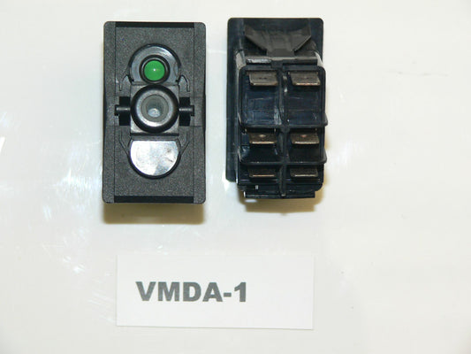 VMDA-1 Carling OFF/ON/(ON) double pole rocker switch w/independent green LED in position#1 Ignition or generator start