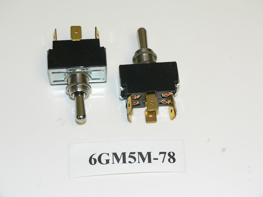 (ON)/OFF/(ON) Double Pole Momentary Chrome Toggle Switch. Old Sea Ray Part # 455642. Carling Part # 6GM5M-78. 6 Spade Terminals.