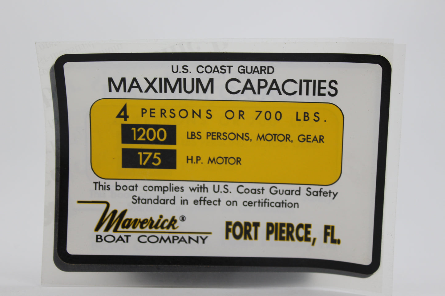 Capacity Plate for Maverick Boat 4 Persons/700lbs, 1200lbs total, 175HP