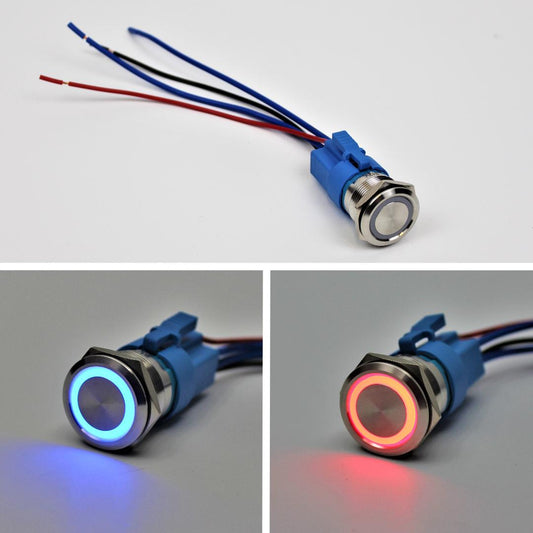 Stainless Steel Push-Button Switch (22mm) SPST Momentary (On)/Off (12V 15amp) with Wire Harness & Indicator Light (Blue or Red)