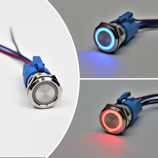 Stainless Steel Push-Button Switch (22mm) SPST Off/On (12V 15amp) with Wire Harness & Indicator Light (Blue or Red)